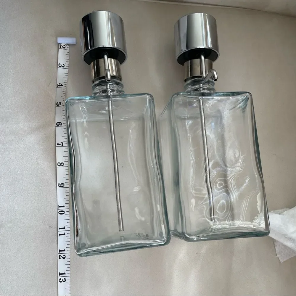Crate & Barrel Barware Pump Top Liquor Decanters Set Of 2 Vodka & Bourbon